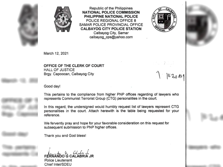 cop relieved asking calbayog court list lawyers representing munist rebels