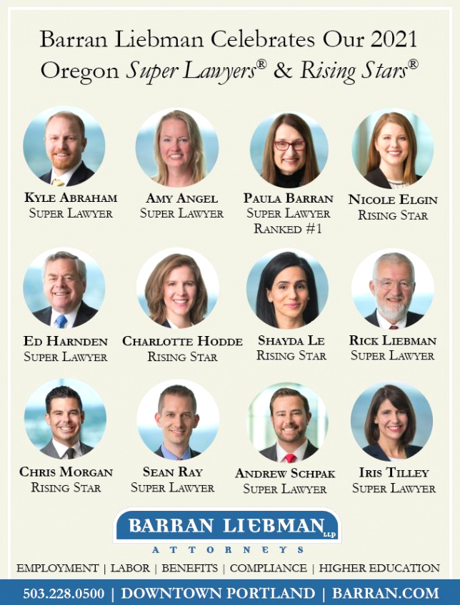 twelve barran liebman attorneys listed in the 2021 oregon super lawyers magazine